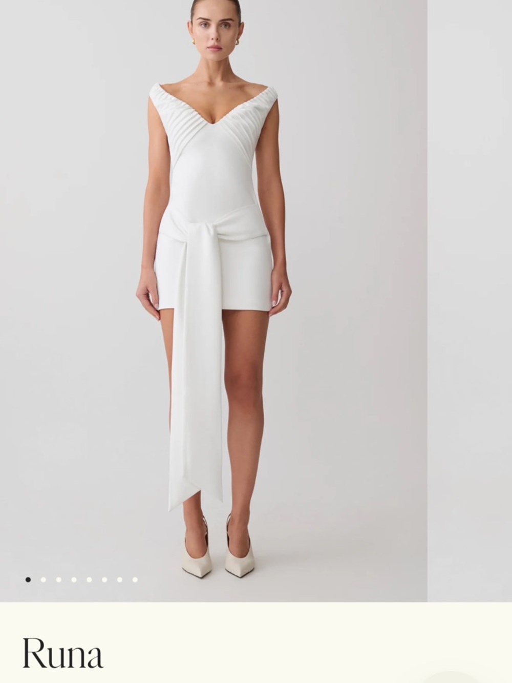 Meshki White Off-Shoulder Mini Dress with Draped Front Sash